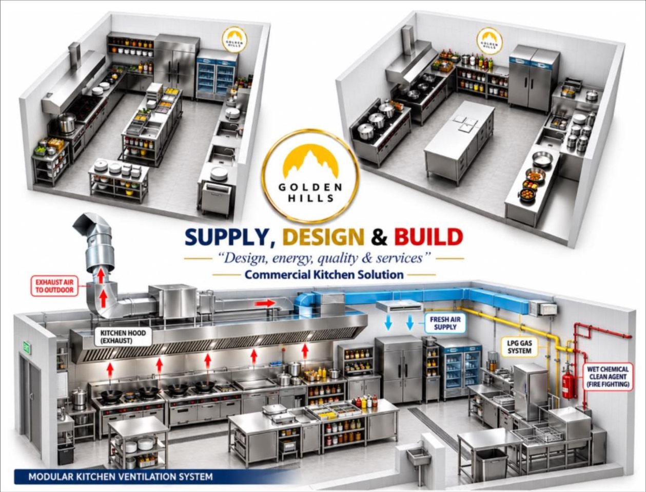 Commercial kitchen layout with ventilation system designed by Golden Hills